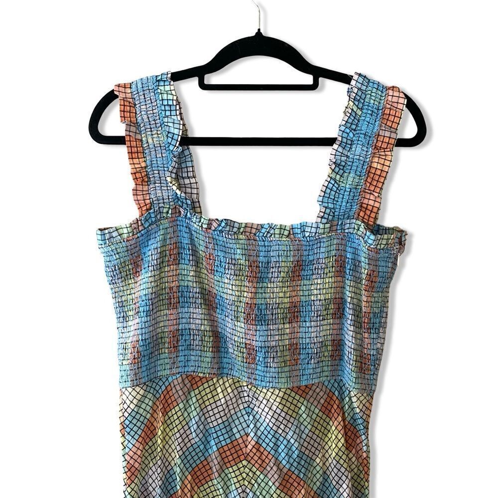 GANNI SEERSUCKER CHECK SLEEVELESS MIDI DRESS smocked cotton summer 42 L - Picture 13 of 14